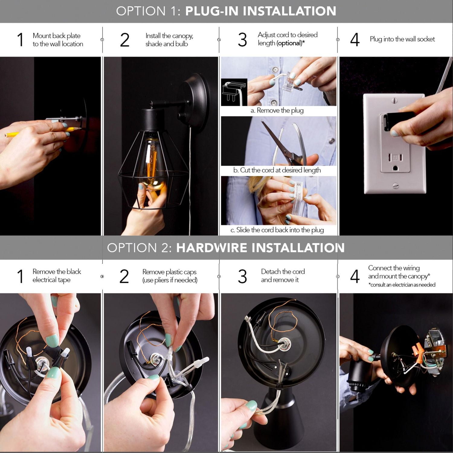 1-Light Plug-In or Hardwire Wall Sconce with Natural Twine Blackplate, 91004441