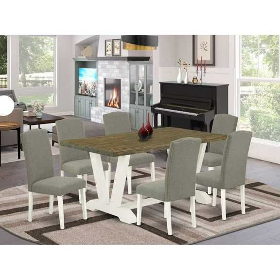 East West Furniture V076EN206-7 7-Piece Fashionable Dining Set a Great Distressed Jacobean Kitchen Table Top and 6 Attractive Linen Fabric Dining Room Chairs with Nail Heads and Stylish Chair Back...