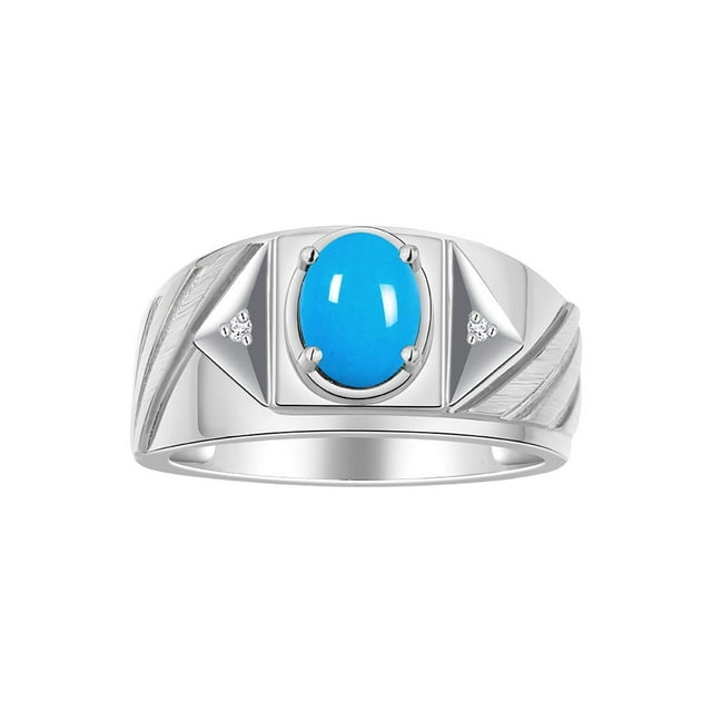 RYLOS Men's Rings 14K White Gold Ring Classic Designer Style 8X6MM Oval Gemstone & Diamond Ring Turquoise Birthstone Rings For Men Size 10