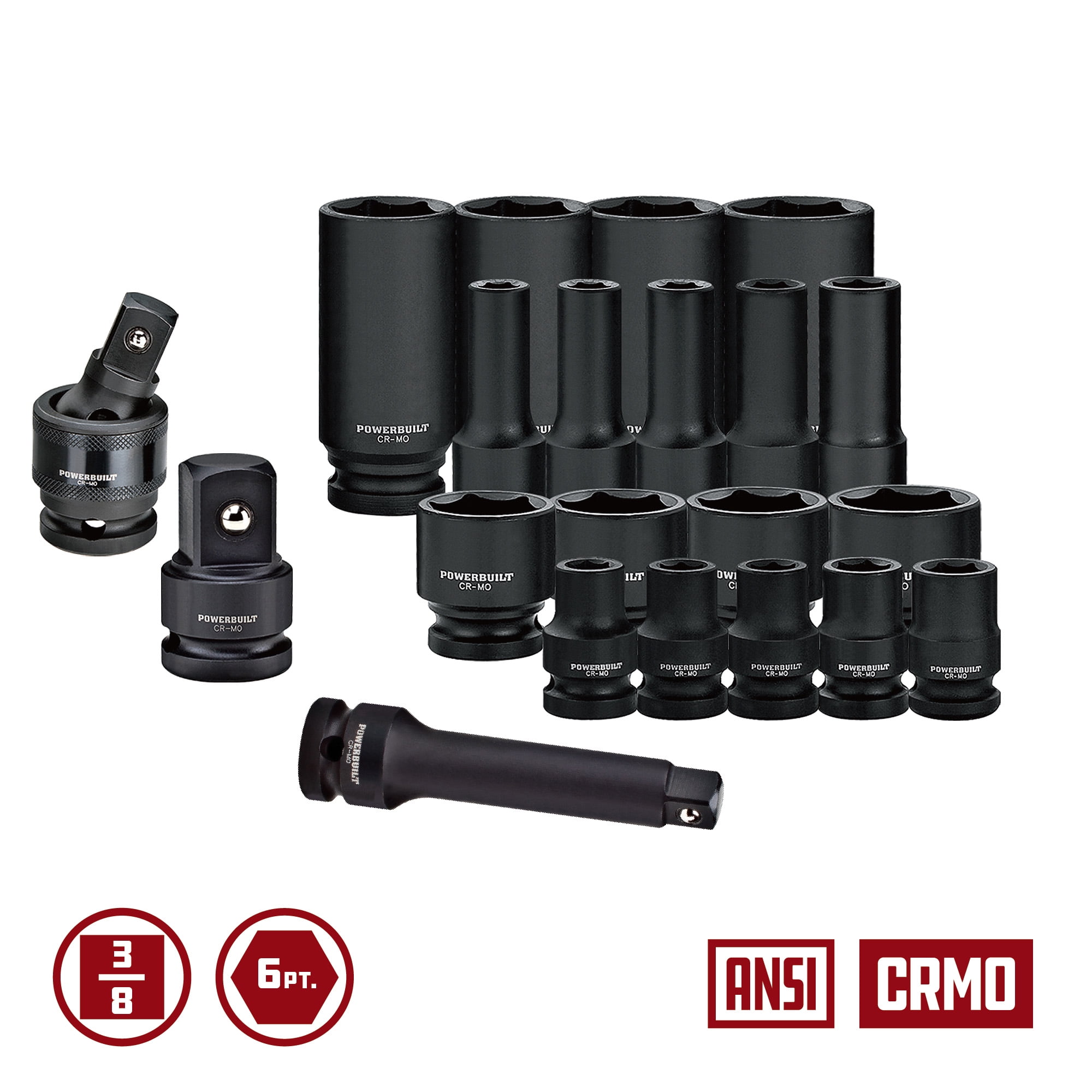 Powerbuilt 40 Piece 3/8 Inch Drive 6 Point SAE & Metric Pro Tech Impact Socket Set - 949011