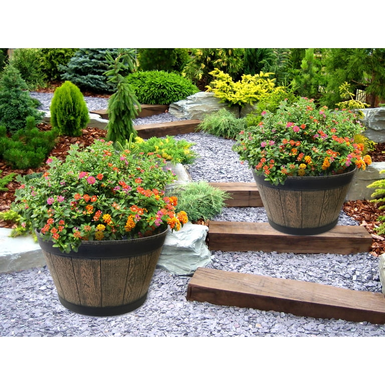 Misco Resin Barrel Planter, 20.5-Inch Brown, 2-Pack photo 3