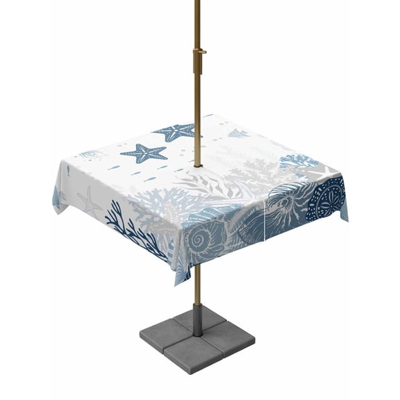 Outdoor Tablecloth with Umbrella Hole for Patio/Picnic/Party/Camping, Starfish Coastal Waterproof Table Cloth Square Cover Washable, Nautical Summer Beach Coral Shell (54"x 54")