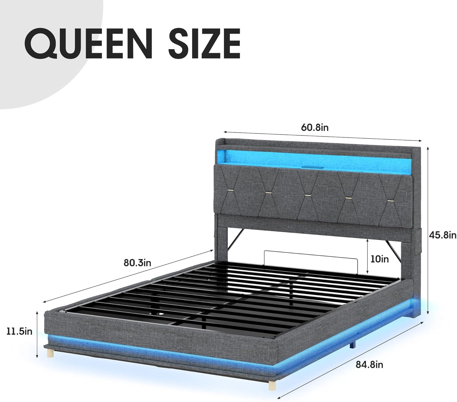 VEANERWOOD Queen Size Lift Up Bed Frame with Storage Headboard, Upholstered Platform Bed with Charging Station, LED Lights, No Box Spring Needed