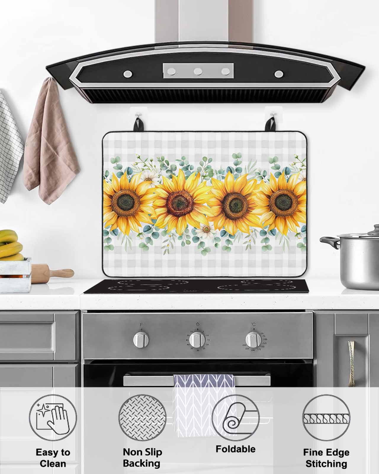 Large Induction Cooktop Protector Mat Sunflower Stove Top Covers for Electric Stove, Yellow Floral Grey Plaid Eucalyptus Leaves Decorative Stove Burner Cover Mats, Glass Top Stove Cover