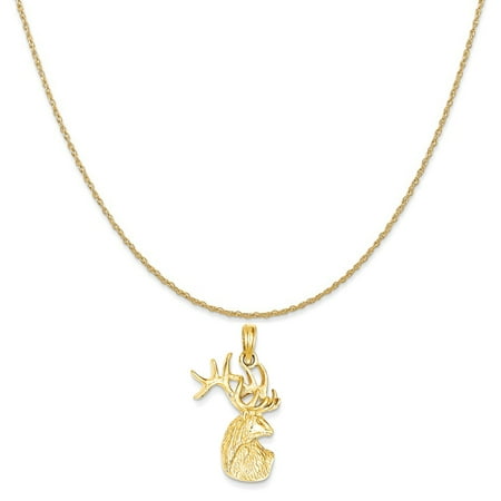 14k Yellow Gold Polished Deer Head Charm on a 14K Yellow Gold Rope Chain Necklace, 20"