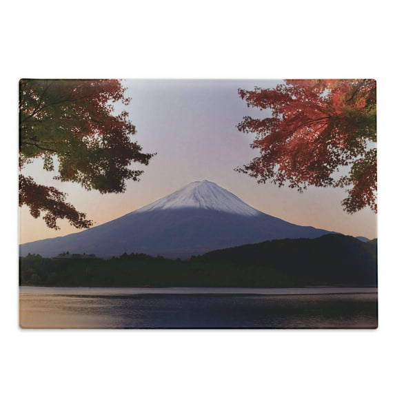 Mountain Cutting Board, Autumn Scenery of Hill Mountain and Lake Kawaguchi Fall Leafy Trees Photo in Dusk, Decorative Tempered Glass Cutting and Serving Board, in 3 Sizes, by Ambesonne