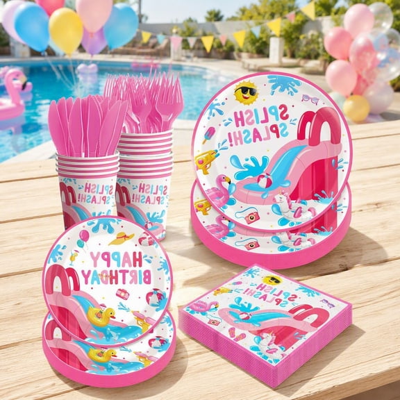 144Pcs Pink Pool Party Tableware Set, Summer Splash Theme Plates and Napkins for 24 Guests, Includes Dinner Plates, Dessert Plates, Cups, Napkins, Forks and Knives, Birthday Party Supplies