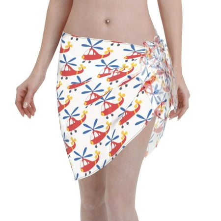 Qekee Cartoon Helicopter Women s Short Sarongs Cover Ups Sheer Bikini Wraps for Swimwear