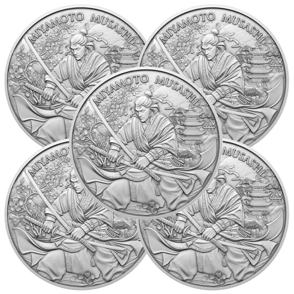 Lot of 5 - 1 Troy oz Miyamoto Musashi Design .999 Fine Silver Round