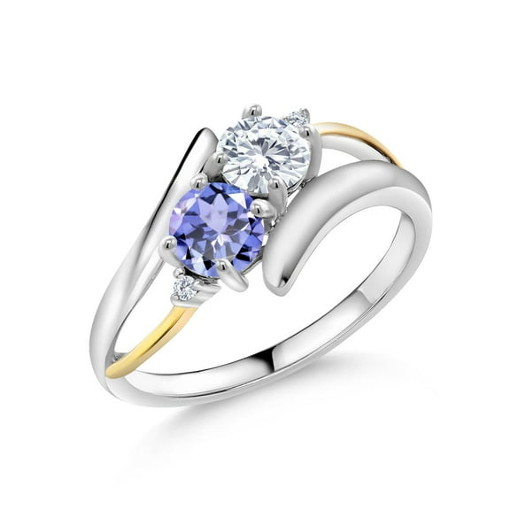 Gem Stone King 0.98 Cttw White Moissanite and Blue Tanzanite 2-Stone Crossover Ring for Women | 925 Silver and 10K Yellow Gold | Gemstone Birthstone (Size 8)