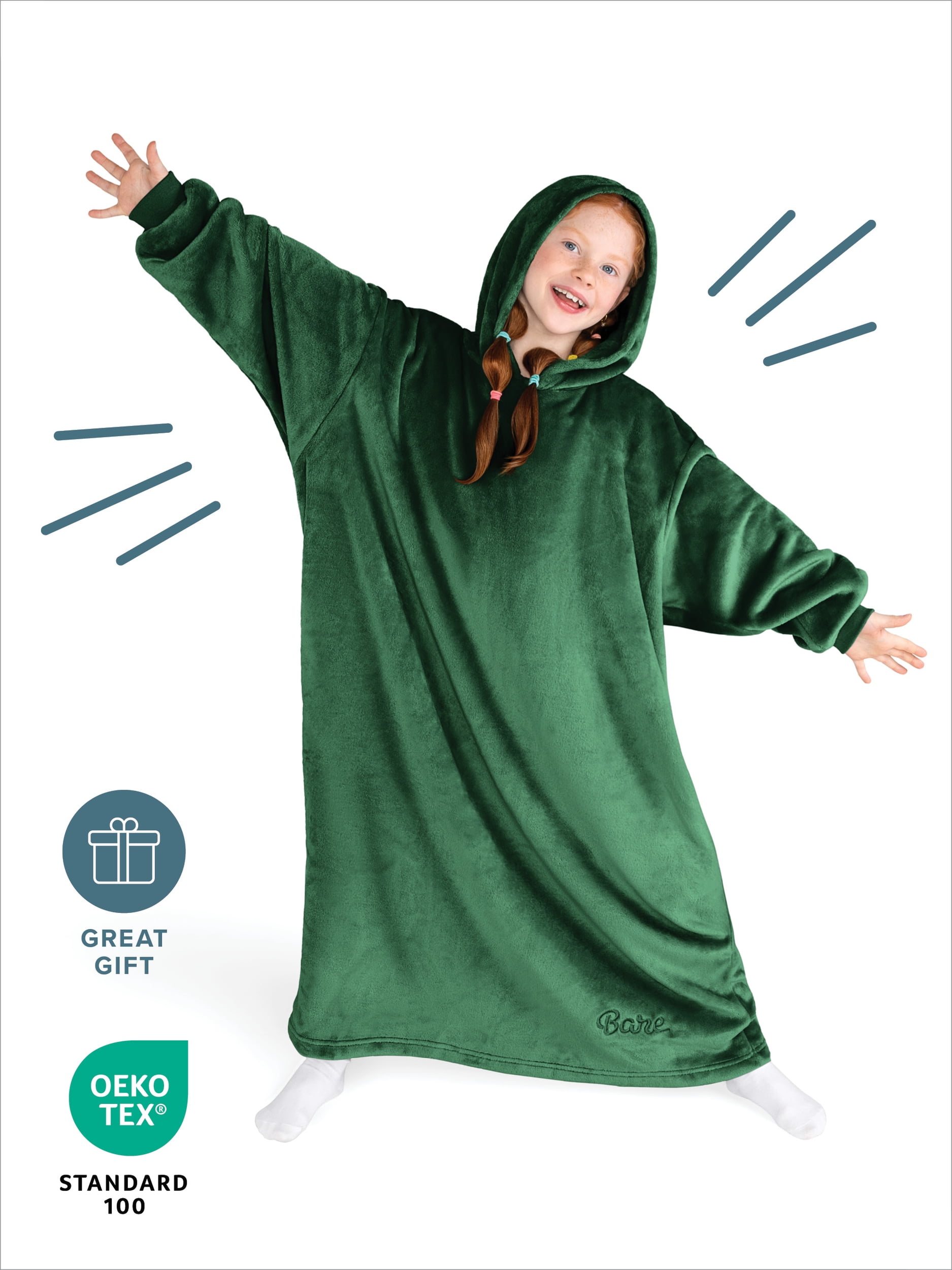 Bare Homey Kids Size Microplush Wearable Blanket - Long Length - Side Pockets - Velvety Soft, Forest Green