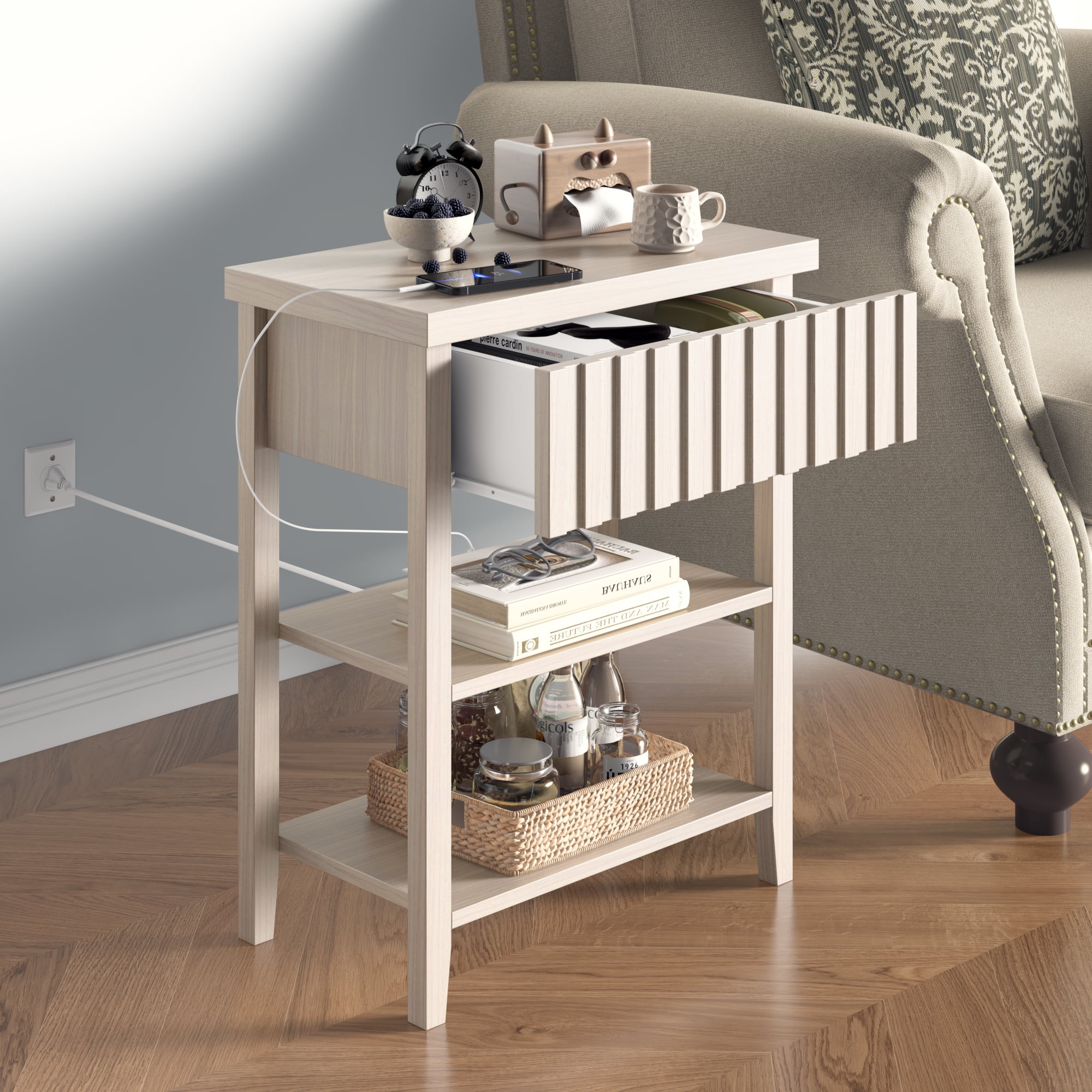Fluted Nightstand with Charging Station,Farmhouse Night Stand with Drawer & 2 Open Storage Shelves,Modern Side Table for Bedroom Small Space Living Room Entryway,Beige(Set of 2)