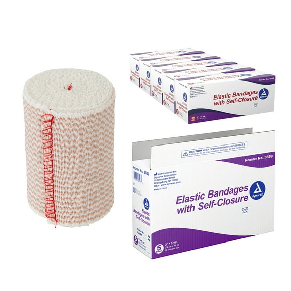 Dynarex Elastic Bandages with Self-Closure, Outstanding Compression & Stretch, Latex-Free Elastic Bandages with Hook & Loop Closure, 3" x 5 yds., 1 Case of 50 Elastic Wrap Bandages (5 Boxes of 10)