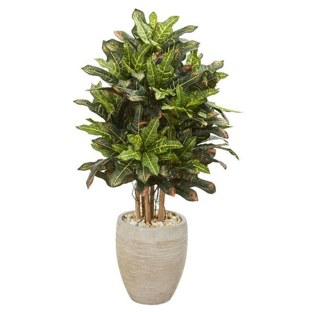 Nearly Natural 6496 3.5 ft. Croton Artificial Plant in Sand Colored Planter