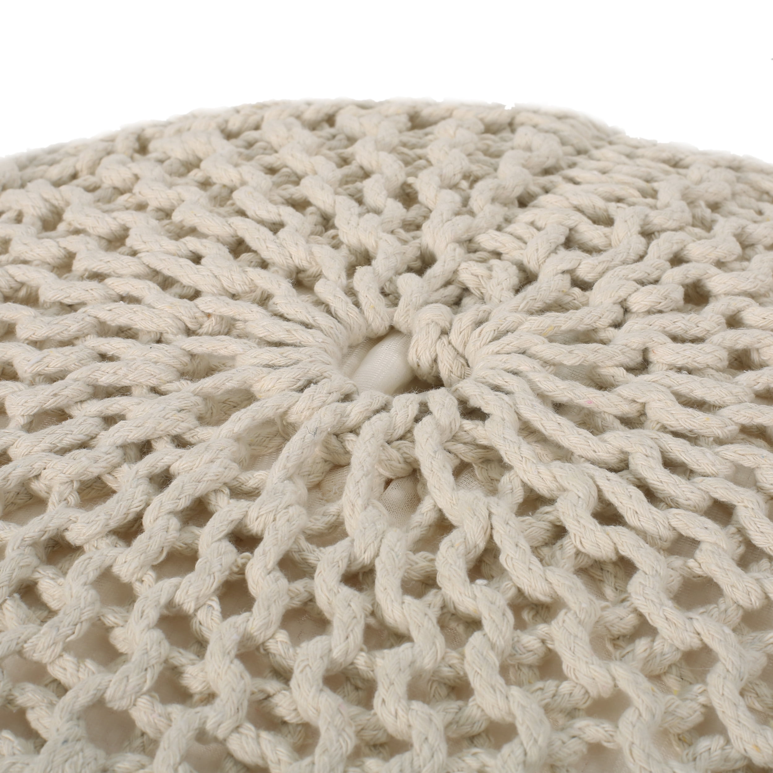 Desert Fields Maysville Cotton Knitted Round Pouf, Ivory, 20" x 14"