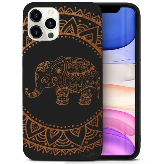 Case Yard Wooden Case for iPhone-12/12-Pro Soft TPU Silicone cover Slim Fit Shockproof Wood Protective Phone Cover for Girls Boys Men and Women Supports Wireless Charging Elephant Mandala Design