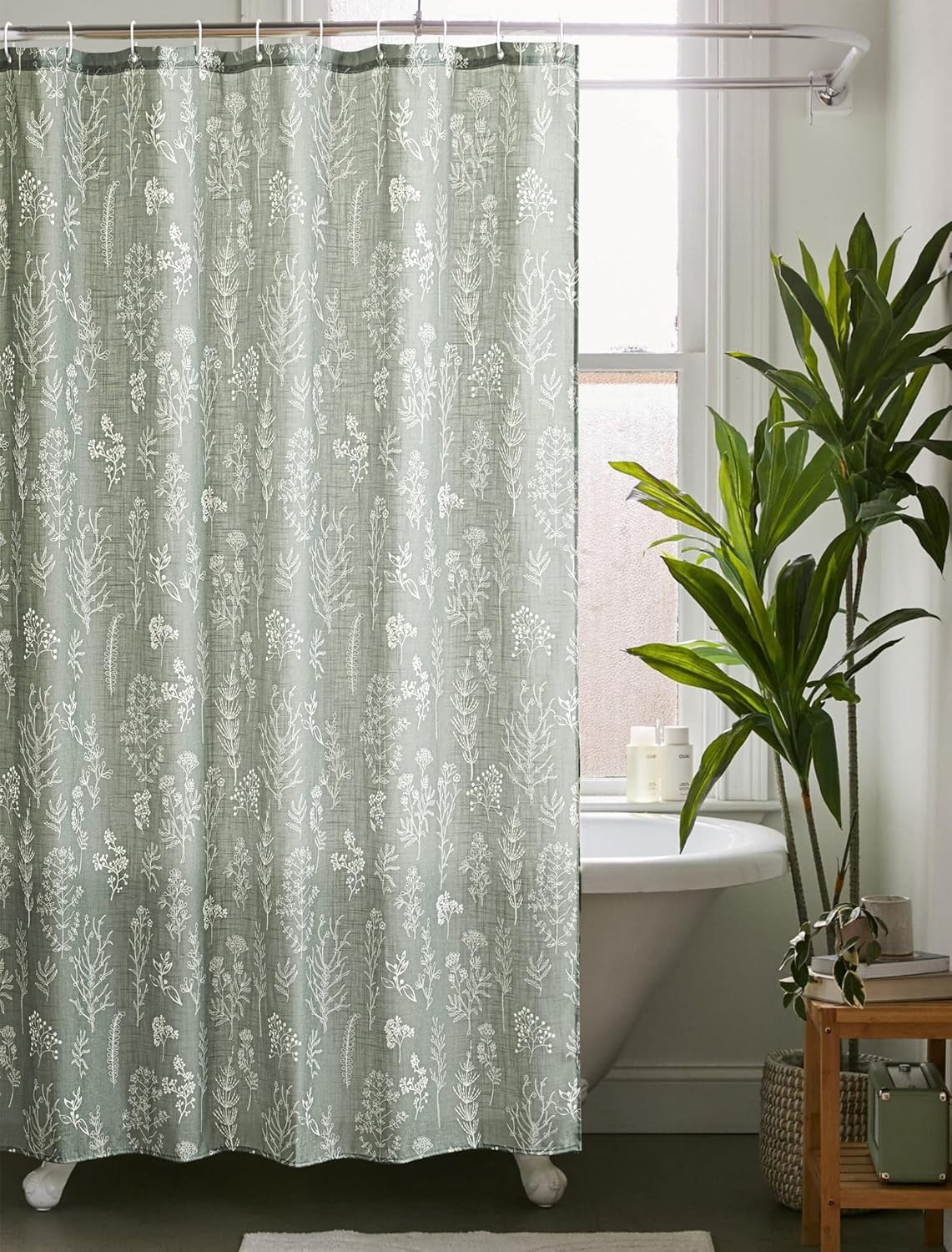 Vintage Botanical Linen Shower Curtain for Bathroom in Black and White, Heavy Duty 180GSM Textured Fabric Shower Curtain Set Cute Plant Leaves Design, Modern Farmhosue Boho Floral Bathroom Decor