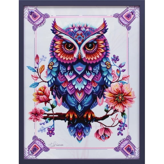 Beautiful Colorful Owl with Flowers DIY 11CT Stamped Cross Stitch Kits for Beginners Easy Needlepoint Embroidery Counted Cross Stitch Art Craft for Wall Decoration 12x16inch(4)