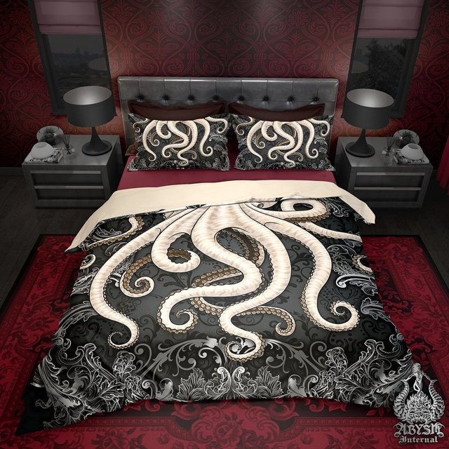 Octopus Bed Cover, Duvet or Comforter, Goth Tentacles, Bedding Set, Coastal