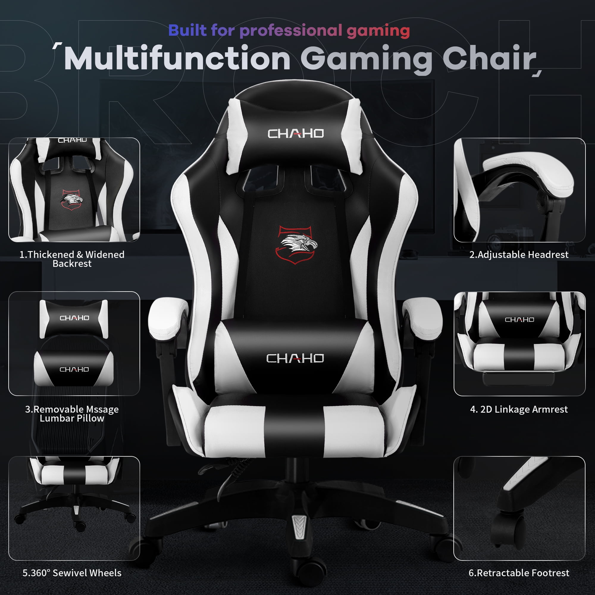 Gaming Chair,Brochao Ergonomic Office Gaming Chair Computer Racing Chair with Footrest Lumbar Support Headrest and Bluetooth Speakers for adults, White