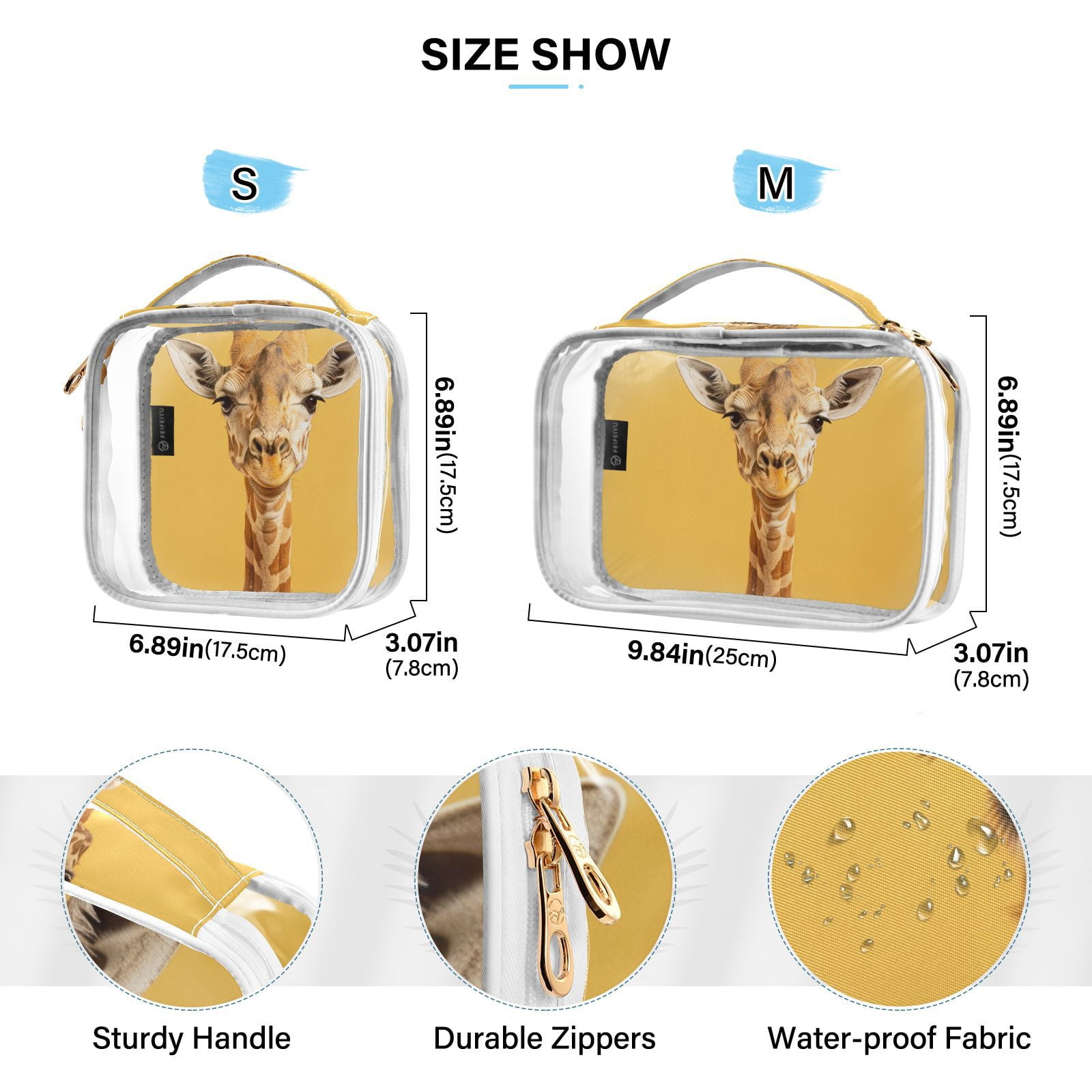 Clear Makeup Bags with Handle Large Opening 2 Pack Set Toiletry Bag Quart Size Bag, for Women Man Traveling Travel Essentials, Toiletries and Other. Giraffe Yellow