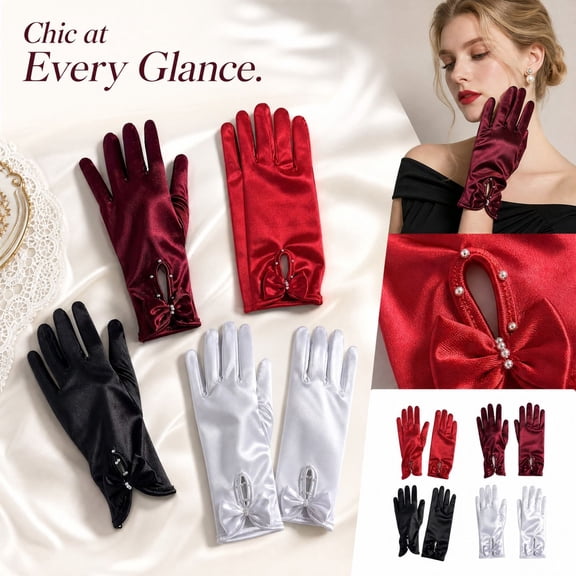 Short Satin Gloves Bridal Pearl Gloves Opera Gloves for Women