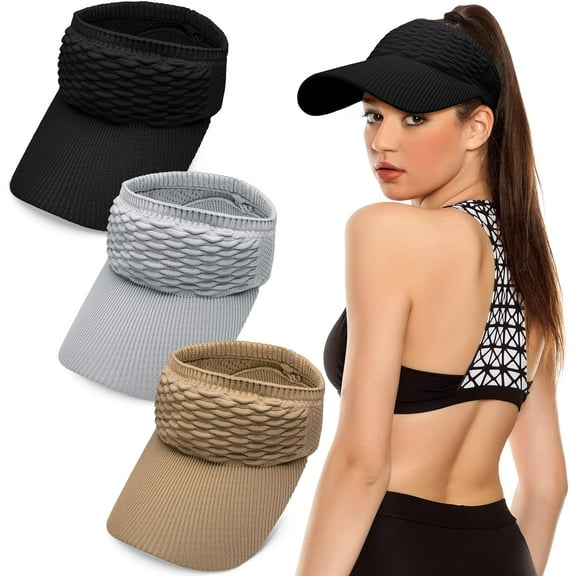 BlinkLLX 3 Pieces Women Sun Visor Hat for Women Knitted Hats Summer Beach Hat Elastic Sports Hat Empty Top Quick Drying Wide Brim Golf