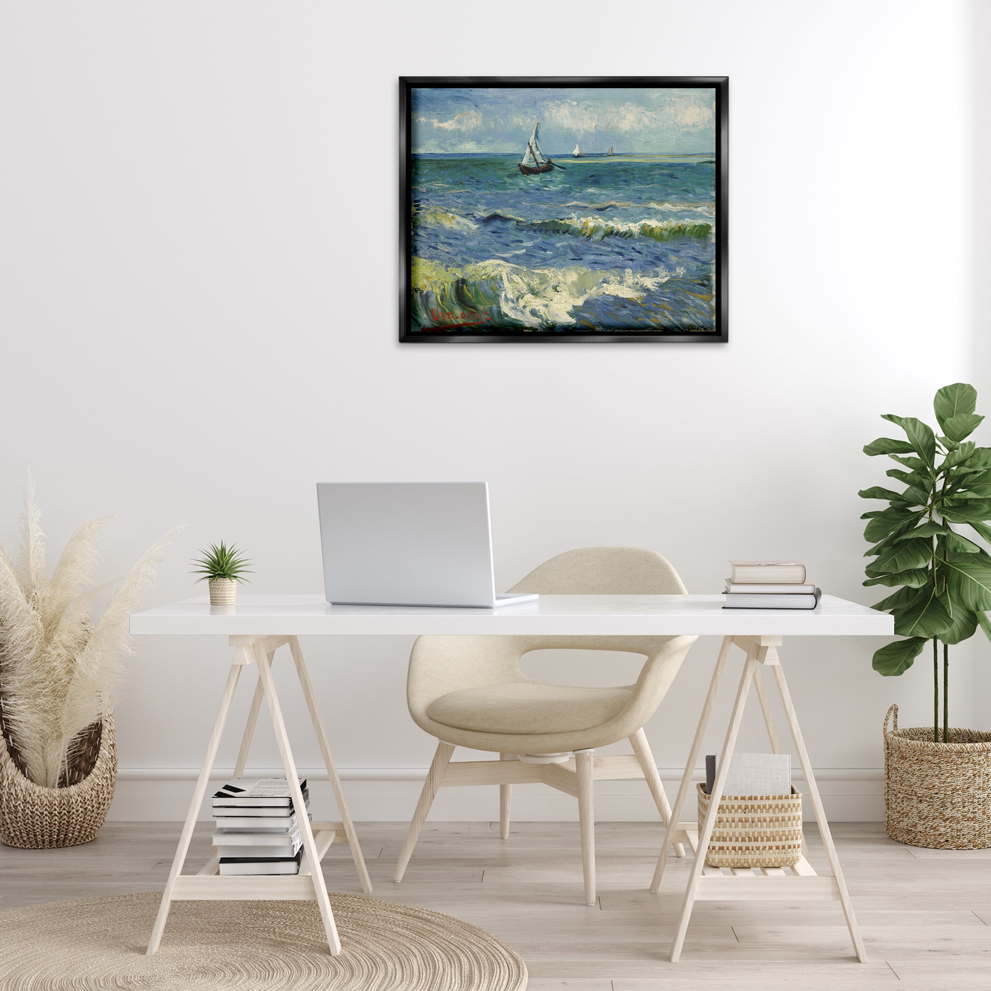 Stupell Industries Classical Seascape with Boat Nautical & Beach Painting Black Floater Framed Canvas Art Print Wall Art, 31 x 25
