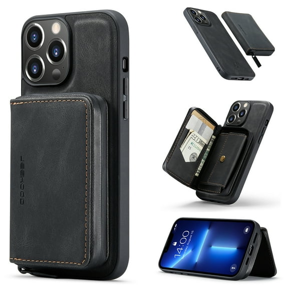 ELEHOLD Luxury Multi-Functional Wallet Case for iPhone 12 Pro Max Leather Purse Case with Detachable Card Slots Zipper Pocket Kickstand Function Shockproof Protective Case,Black