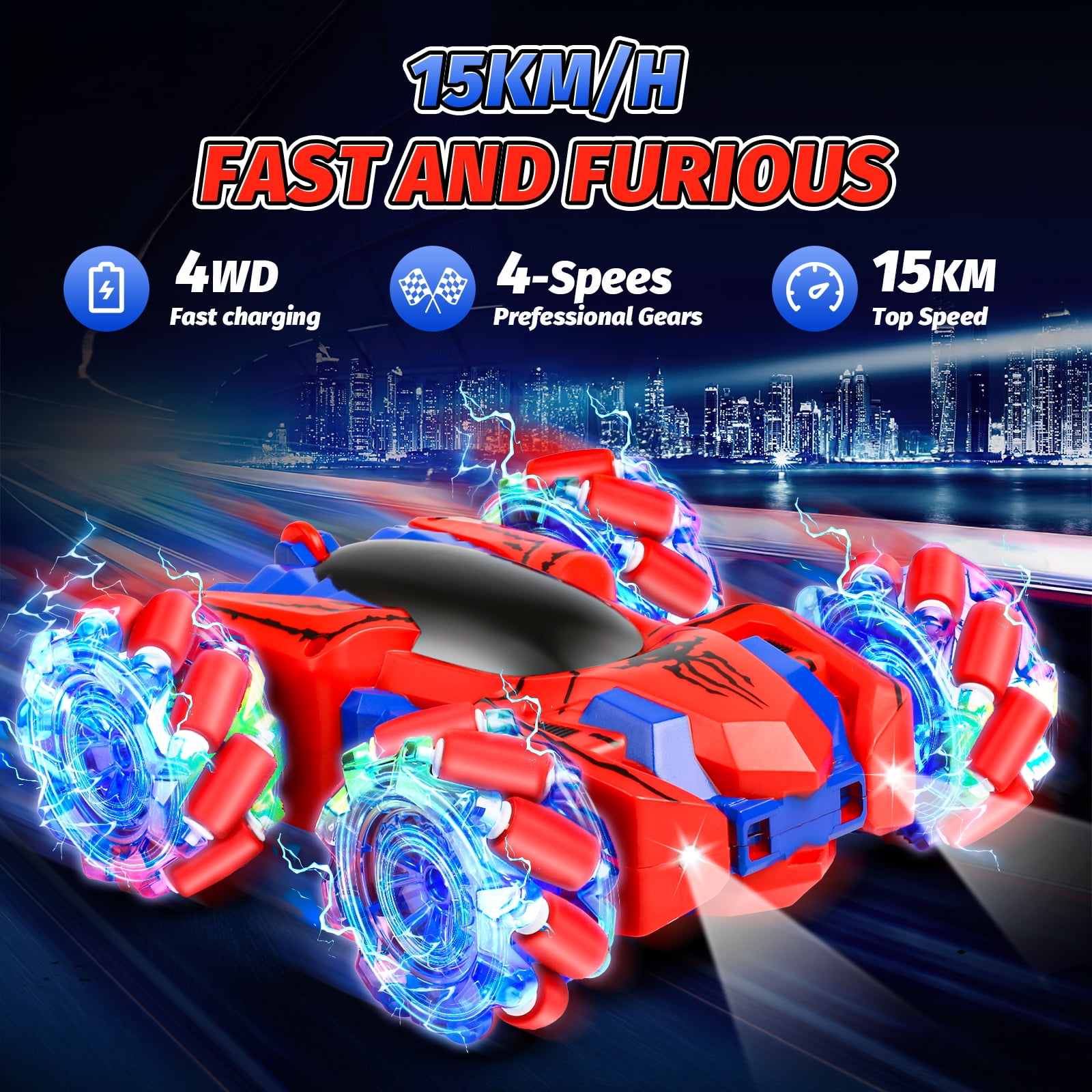 Huge Wave Spider Remote Control Car, Double Sided RC Stunt Car Outdoor Toys for Kids, 360° Flip 4WD Rechargeable Racing for 4 5 6 7 8 9 10 Boys Girls Christmas Birthday Gifts