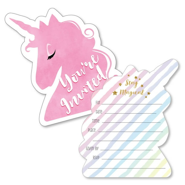 rainbow unicorn - shaped fill-in magical unicorn baby shower or birthday  party invitation cards with envelopes - 12 ct