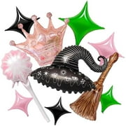 Wickd Party Balloons Green Pink Fairy Witch Balloon Sparklers Broom Balloons Wizard Decorations Wick-ed Birthday Party Decorations Magic Themed Decor Witch Themed Party Halloween Supplies