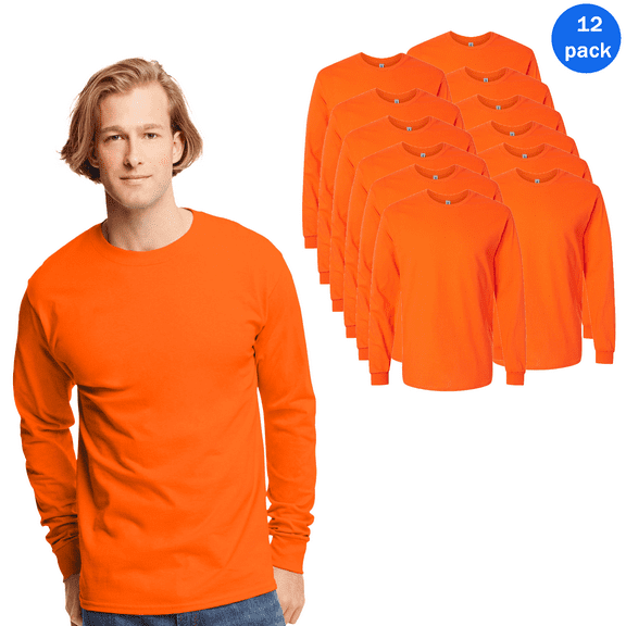 Gildan High Visibility Safety T-Shirt for Men’s | Hi Vis Safety Orange Long Sleeve with Crew Neck Workwear 5.3oz 50/50 Cotton/Polyester Tees, Size S, Pack of 12