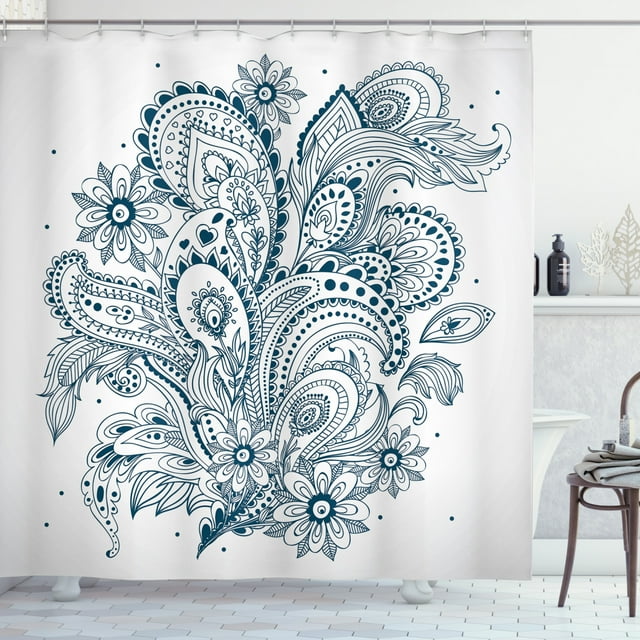 Ambesonne Folk Shower Curtain, Ornate Floral Leaf Arrangement, 69"Wx84"L, Dark Blue White