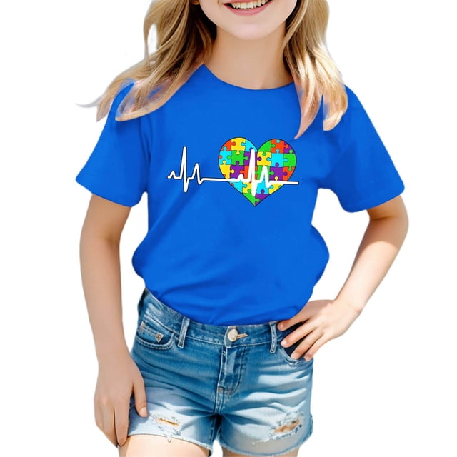 T-Shirts Filles Imprimé Manches Courtes Col Rond Été T-Shirts Filles 6-7 Ans Mode Filles