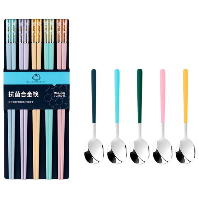 Alloy Chopsticks Set with Matching Spoons, Anti-Bacteria Proof Design for Healthy Dining, Dishwasher Safe Reusable Utensils, One-Person-One-Set Color Coding
