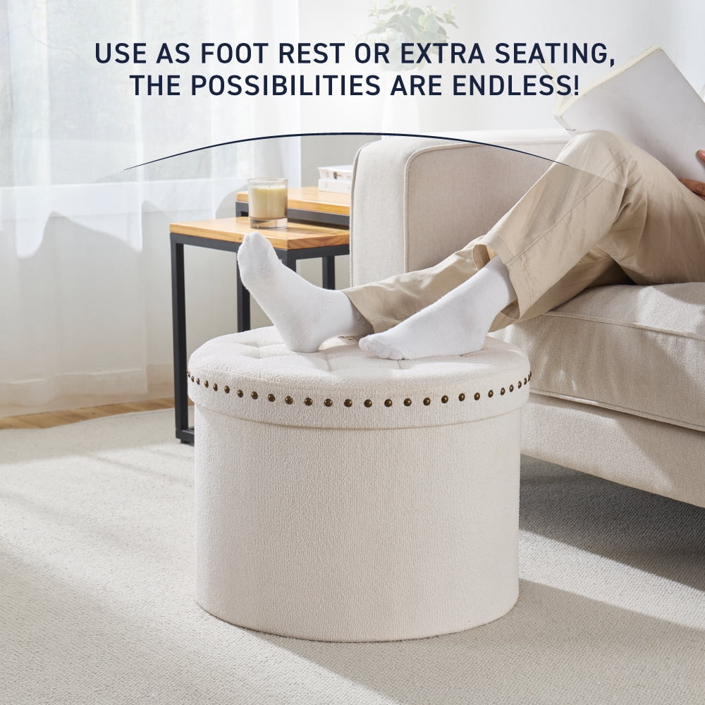 Ornavo Home Décor Large 20" Round Collapsible Ottoman with Storage with Nailhead Trim for Living Room and Bedroom - Boucle White