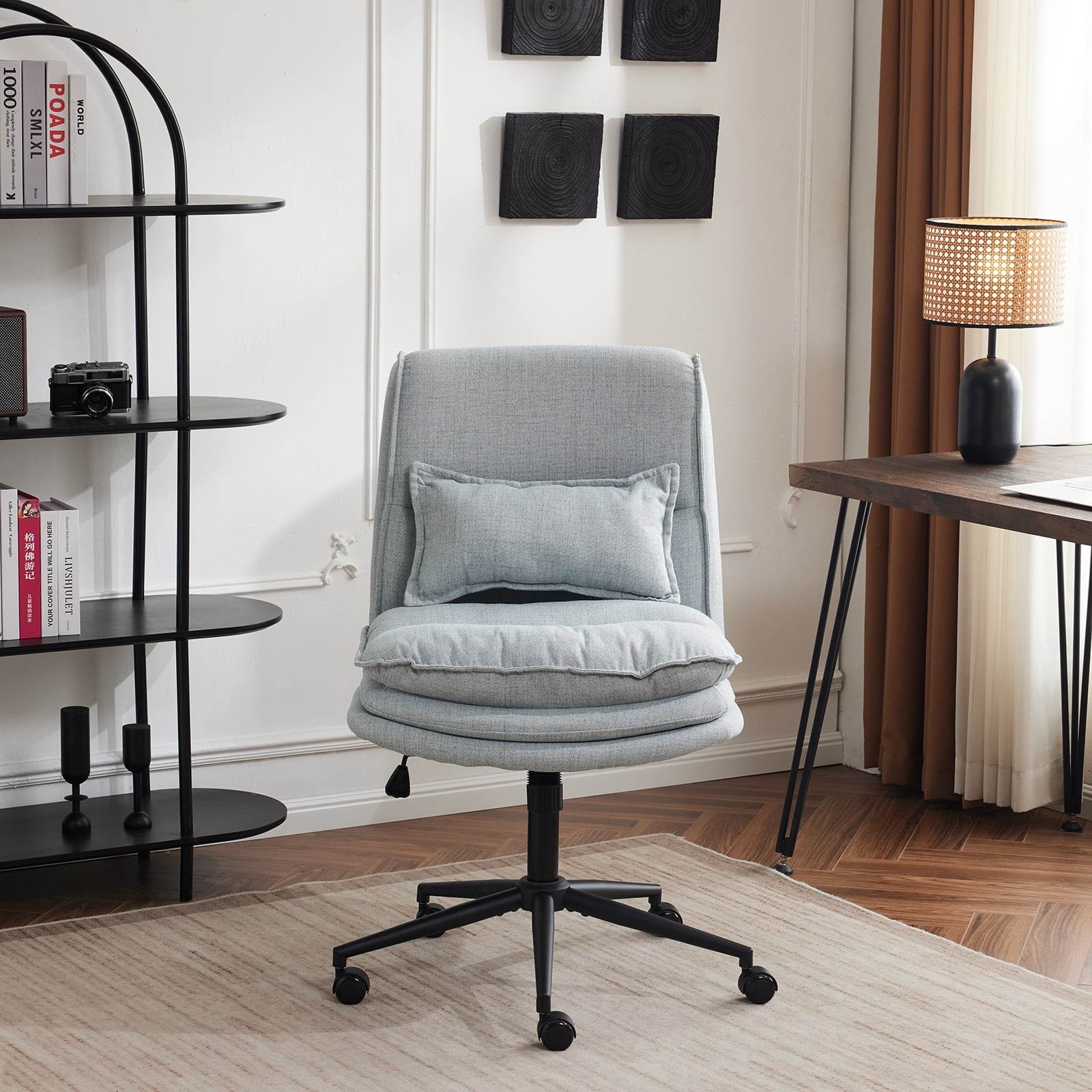 Ktaxon Armless Office Chair Linen Fabric Study Chair Adjustable Swivel Vanity Chair with Ergonomic Backrests and Wheels for Conference and Home Light Blue