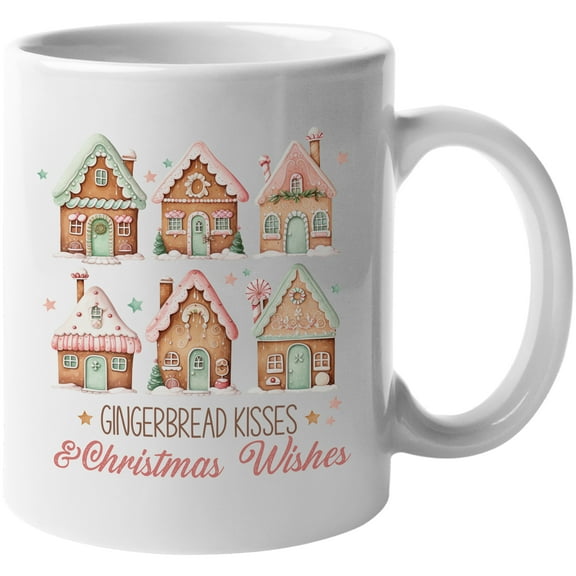 Gingerbread Kisses & Christmas Wishes with Gingerbread House Art Merch Gift, White 11oz Ceramic Mug