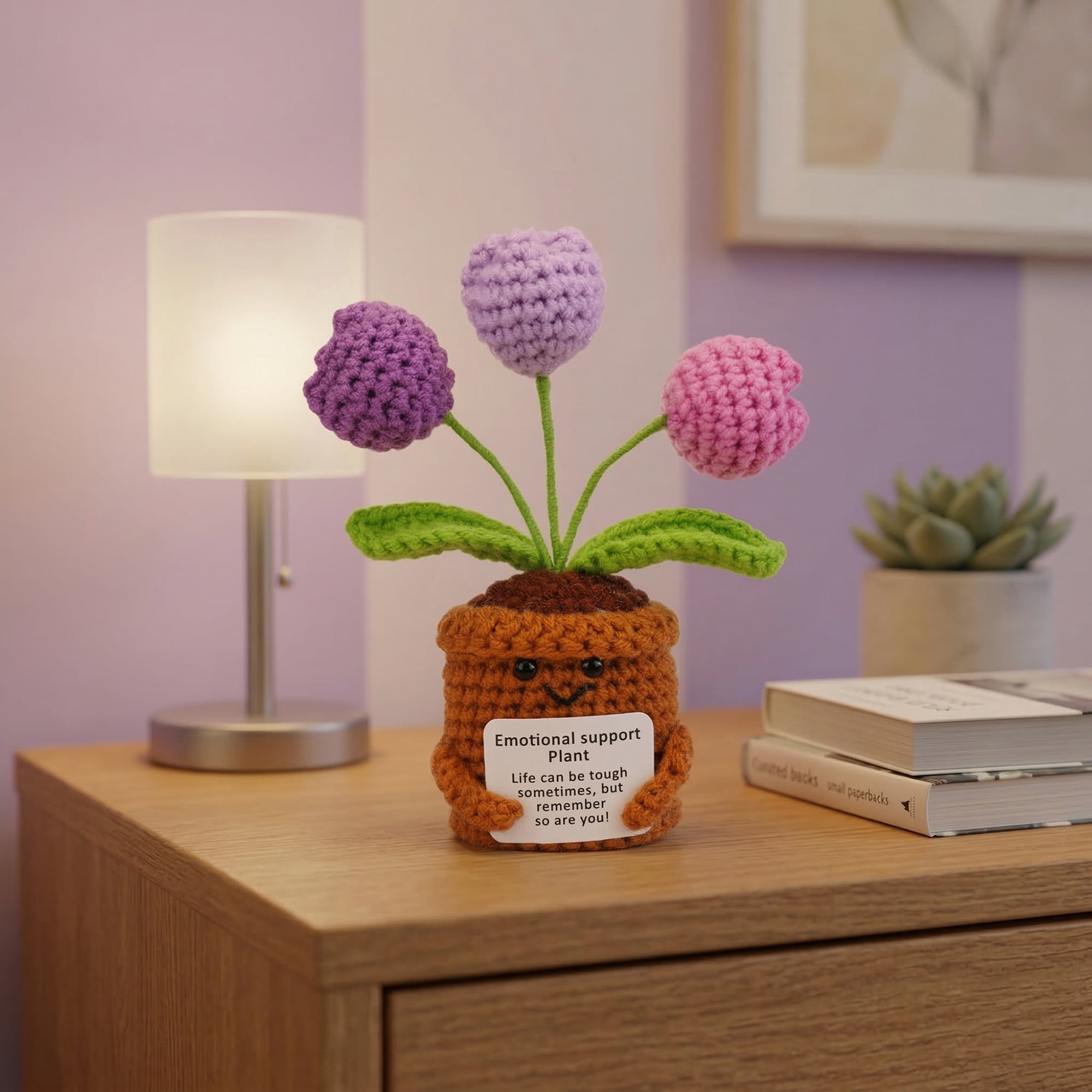 Unique Bargains Handmade Crochet Puffy Tulip Knitted Potted Plant Purple 4.3inch