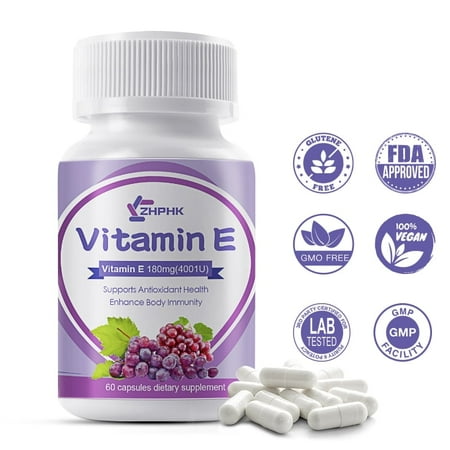 ZHPHK Vitamin E Vegetarian Capsules Help Slow Aging and Antioxidant Activity Non-GMO & Gluten Free 60 Capsules