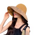 thumbnail image 1 of CSChome Sun Hat Ruffle Wide Brim Hat Knitting Empty Dome Bowknot Decor Embossing Process Women Patchwork Color Travel Bucket Hat Fashion, 1 of 7