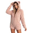 thumbnail image 2 of Women Winter Fuzzy Hooded Jumpsuit Cute Bear Ear Zip Up One Piece Outfit Warm Casual for Commute Loungewear, 2 of 7