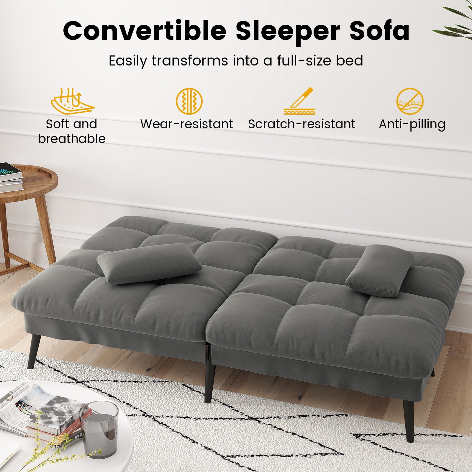 CloudRest Pro 72" Modern Convertible Futon Sofa Bed, Upholstered Futon Couch with 5 Adjustable Backrest Angles,Suitable for Apartment,Living Room,Gray