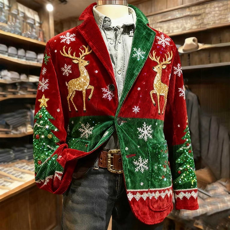 christmas dress jackets Xdegoge Christmas Blazer Men Holiday Corduroy Dinner Jackets Plus Size  Sport Coats Xmas Santa Jacket Funny Outfits Party Suits Snowflake Print One  Button Lapel Blazers with Pockets