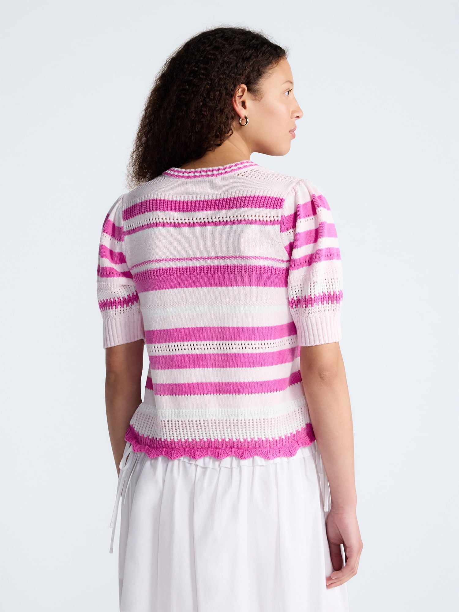 Free Assembly Women's Textured Stripe Cardigan Sweater with Short Puff Sleeves, Lightweight, Sizes XS-XXL
