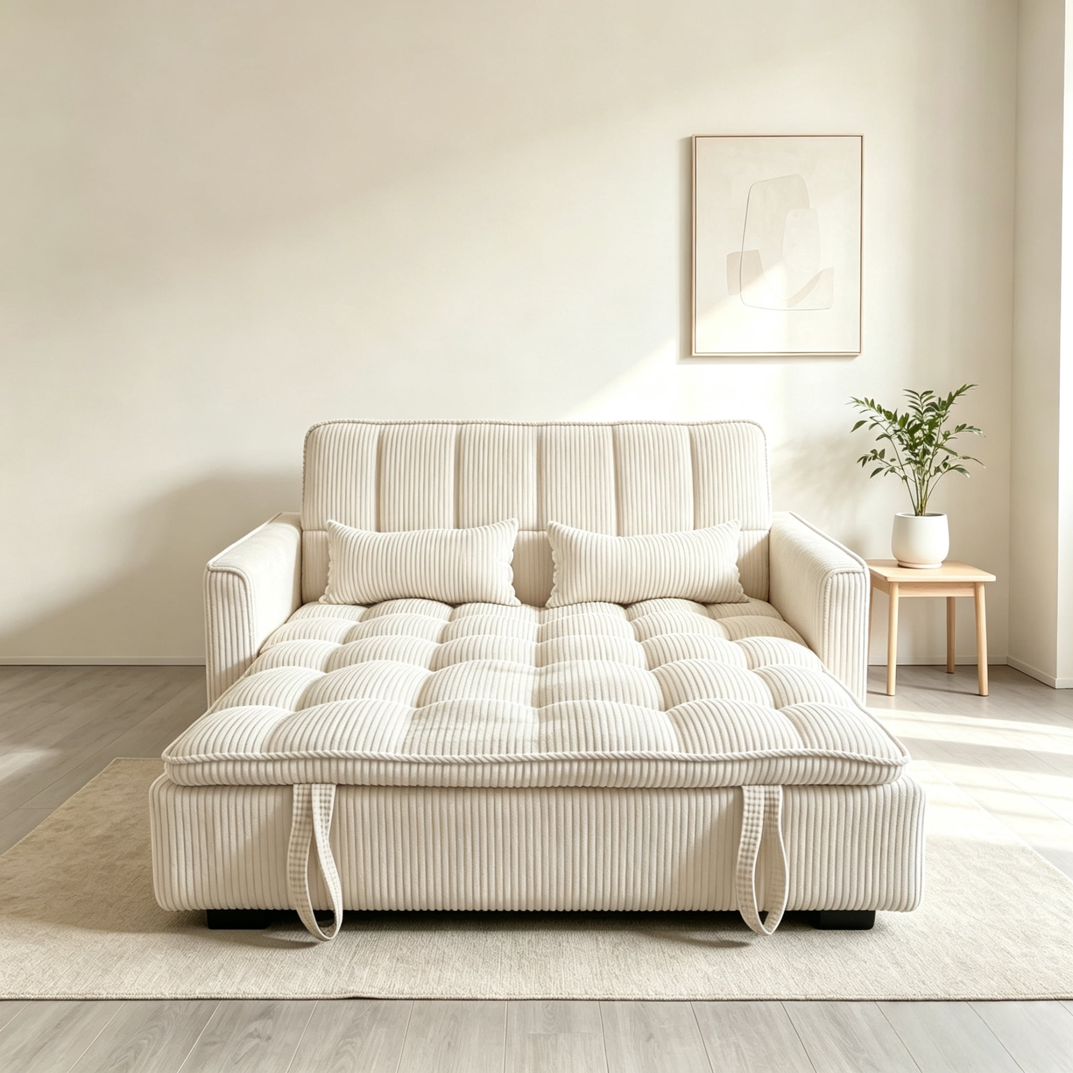 Anpport 55" Striped Corduroy Loveseat, Convertible Sleeper Sofa Bed for Small Spaces, Beige