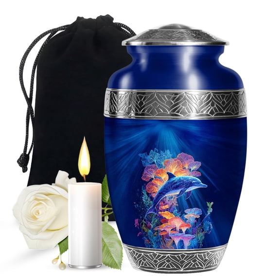 JAGASY Dolphin Memorial Urn for Ashes for Children, Blue Urns for Ashes for Women, Colorful Decorative Urns for Daughter, Large Burial Cremation Urn for Son, (10 Inch)