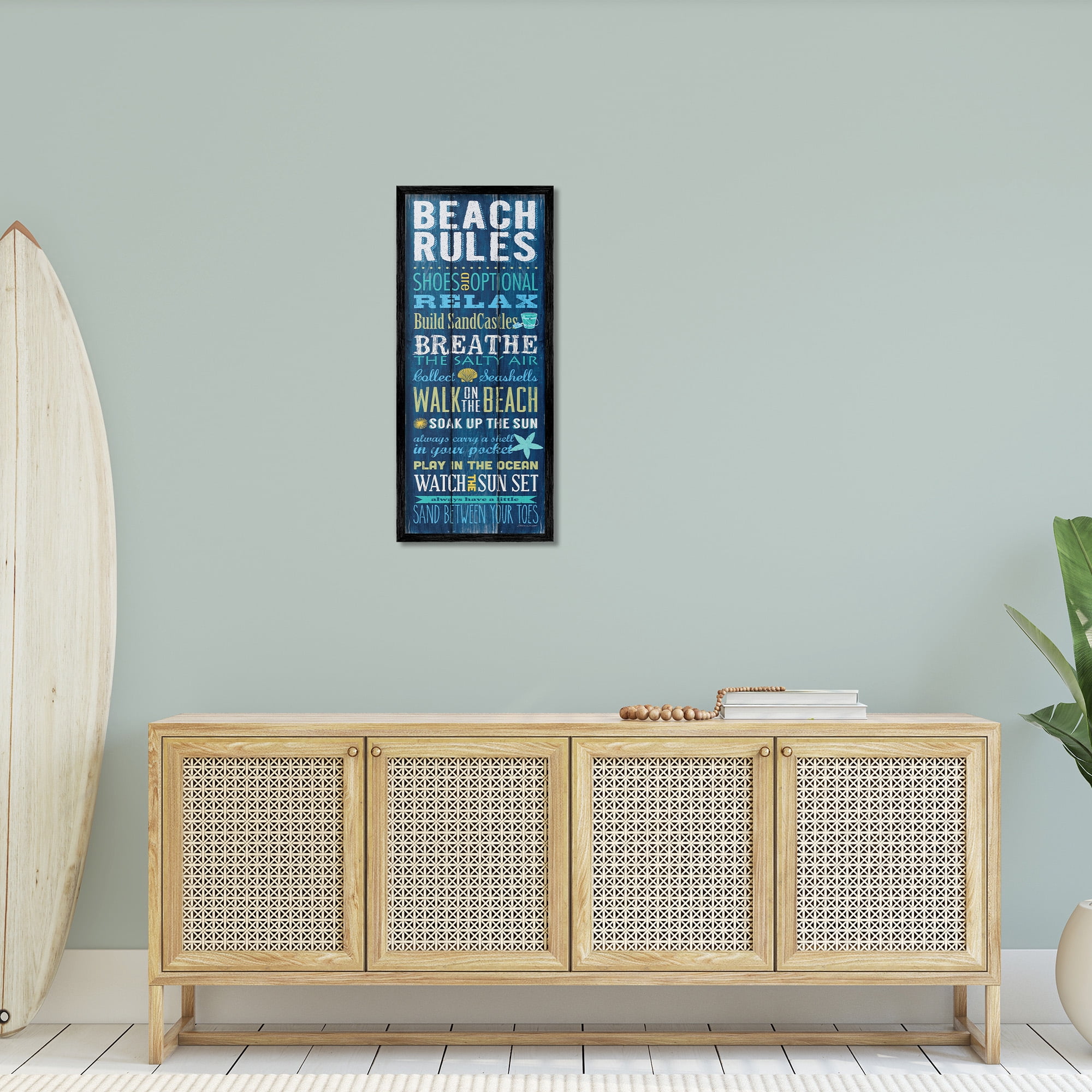 Stupell Industries Beach Rules Relax Breathe Typography Painting Black Framed Art Print Wall Art, 13 x 30