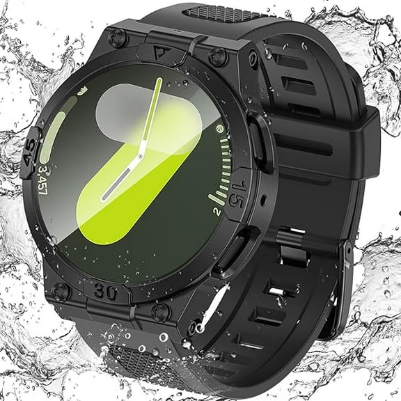 3 in 1 Waterproof Case and Band for Samsung Galaxy Watch 7 44mm, 360° Protective Hard PC with Tempered Glass Screen Protector for Galaxy Watch Cover Bumper Accessories, Black